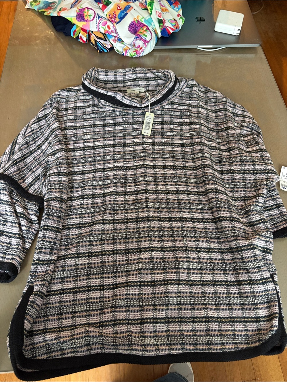 Max Studio Black and Pink Plaid Crewneck Sweater